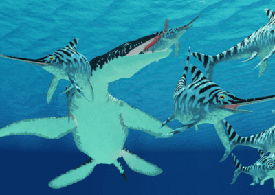 Liopleurodon attacks Eurhinosaurus - A pod of Eurhinosaurus marine reptiles try to evade the much larger Liopleurodon in Jurassic seas.