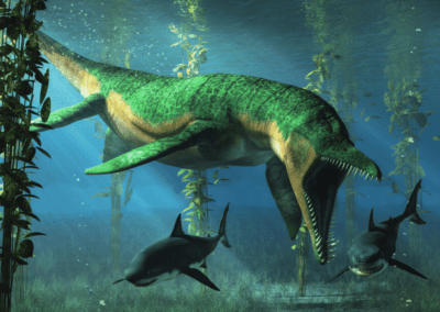 Liopleurodon was a pliosaur and apex predator of the Jurassic seas. Here the green sea monster hunts sharks in shallow waters in a kelp forest. 3D Rendering